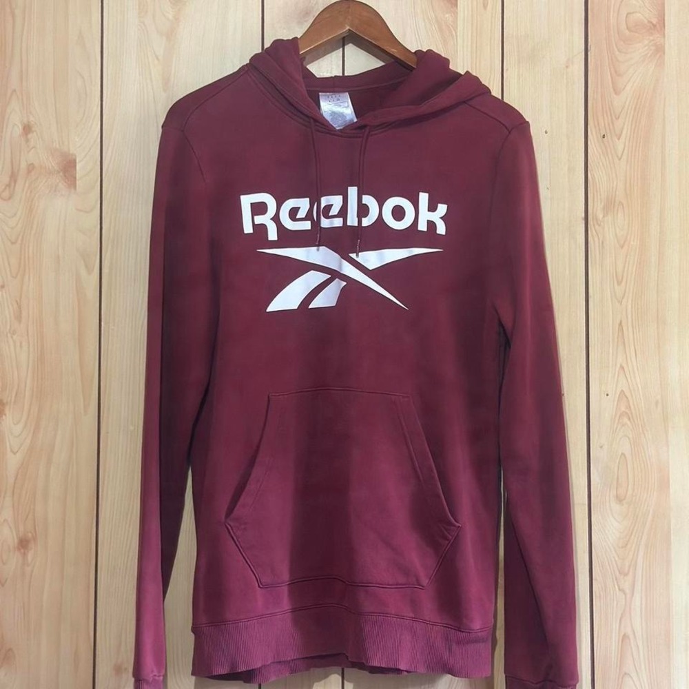 Reebok Burgundy‎ Pullover Hoodie Size Medium White Logo Fleece Sweatshirt Retro